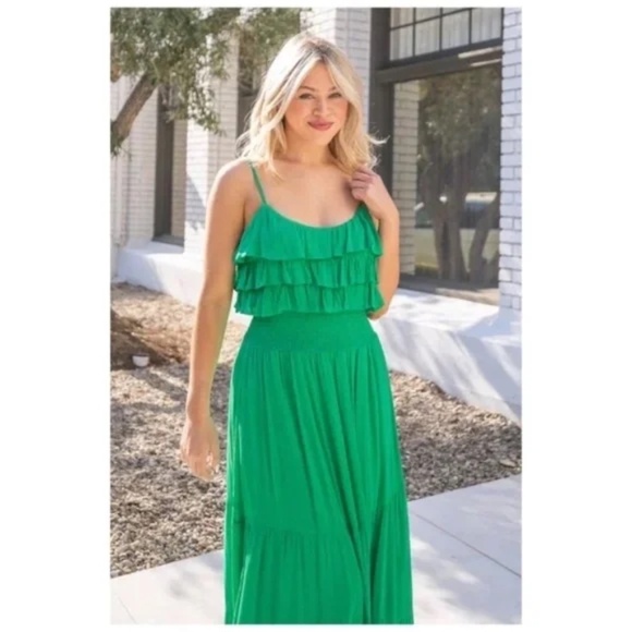 Emerald Green Rayon Gauze Ruffle Smocked Waist Sleeveless Midi Dress - Picture 5 of 6